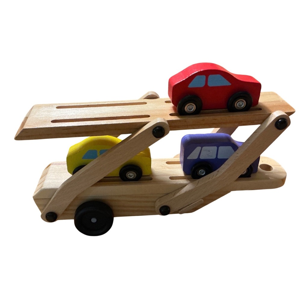 Melissa & Doug Wooden Car Carrier Trailer‎ w/Cars Red Yellow Toddler no truck